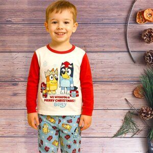 Kids Bluey Merry Christmas Pajama Set – Red Long Sleeve Top & Blue Print Pants